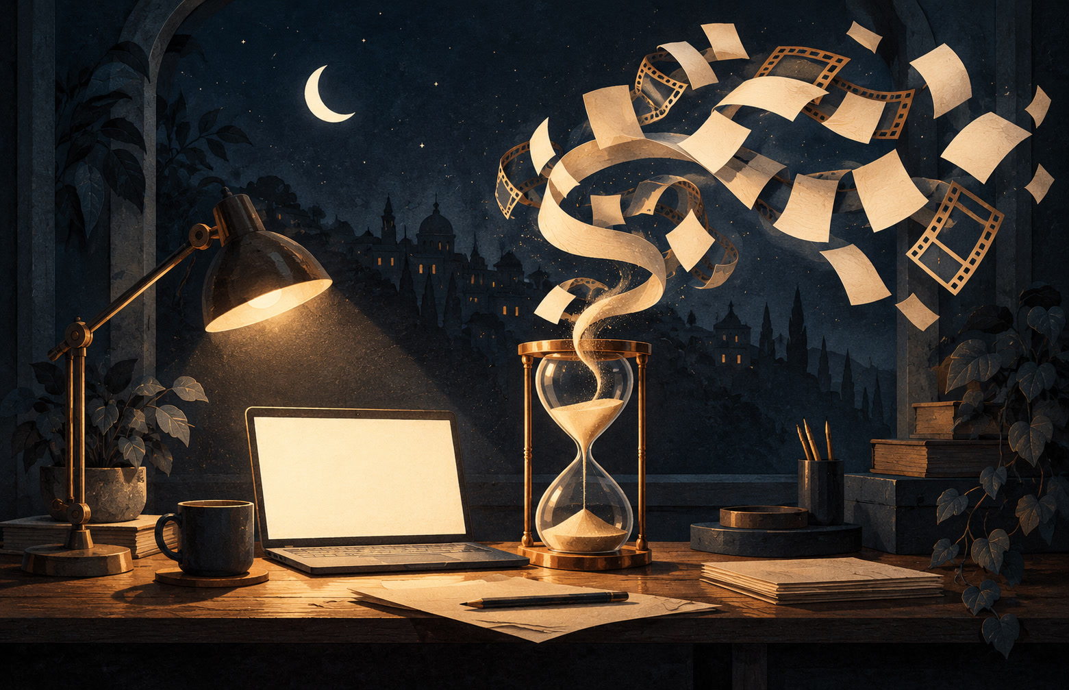 Illustration of a lamp-lit desk at night, with an hourglass releasing a spiral of paper sheets and film frames beside a laptop.